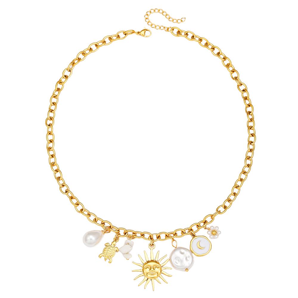 Summer Starfish & Pearl Heart Sea Turtle Pendant Necklace - Dopamine Stainless Steel Clavicle Chain