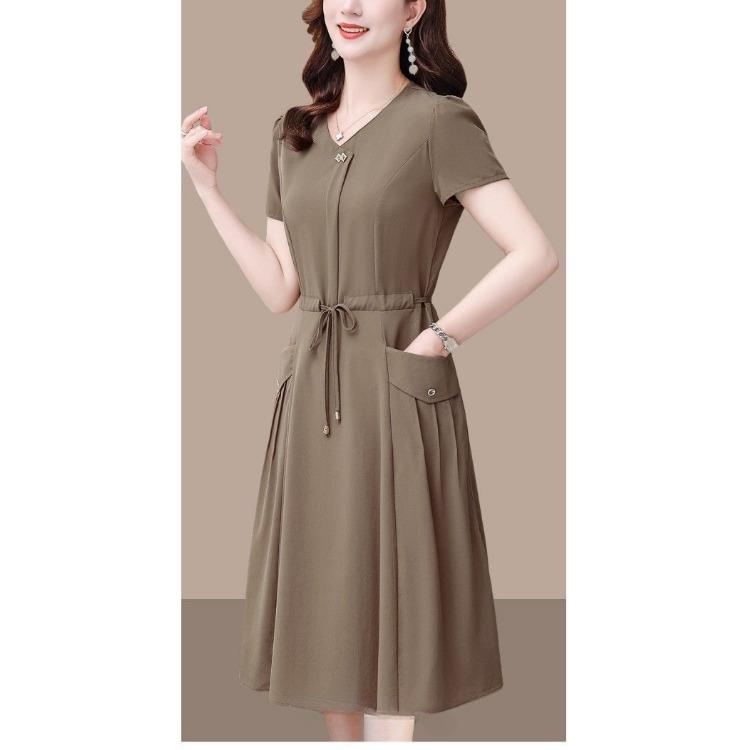Fashion Summer Solid Color Short Sleeve Dress for Women Slim Fit Waist Cover Belly Elegant