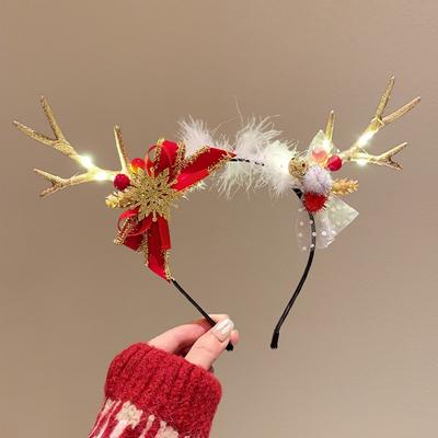 Funny LED Christmas Headband Glitter Glowing Elk Hair Hoop Antlers Headband Elk Santa Glowing New Year Headband Girl