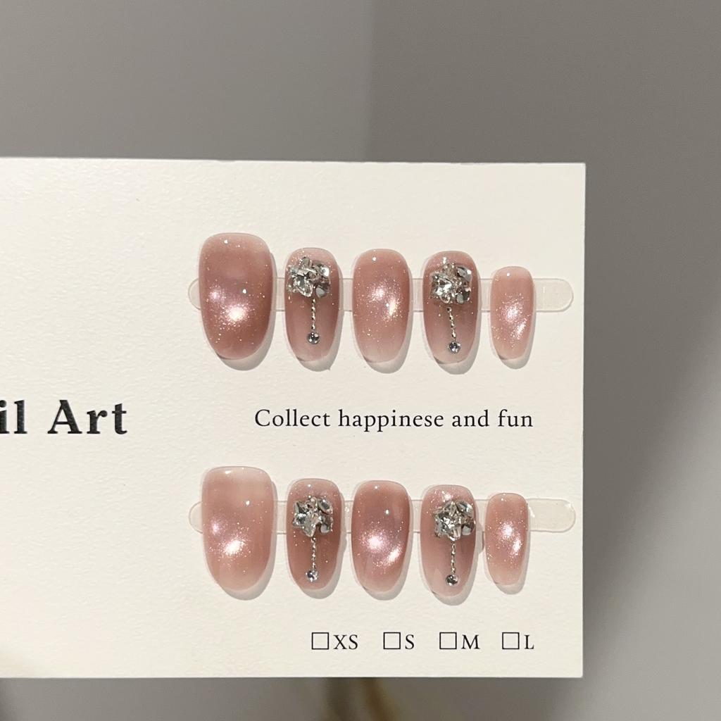 Women Short Press‑On Nails Pure‑Handmade Pink Cat Eye Stacked Rhinestone Light‑Luxury Removable False Nail Patches