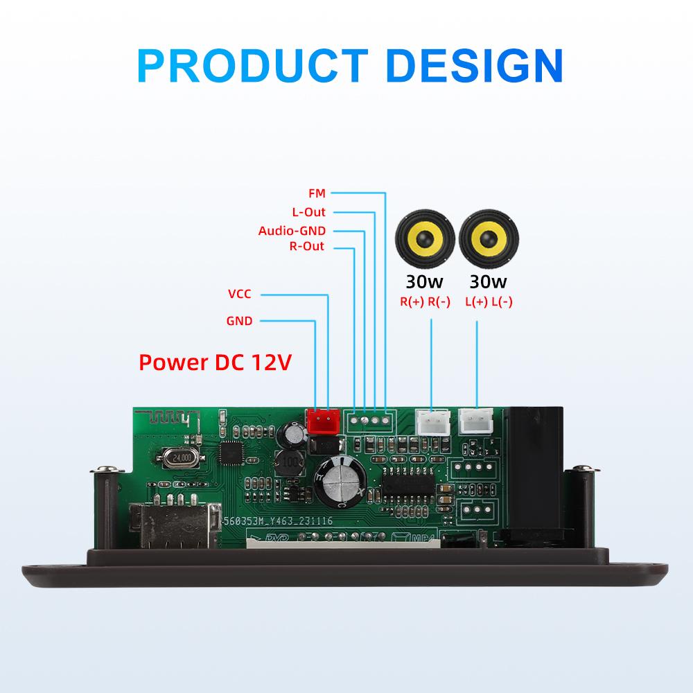 With Time Display Bluetooth 5.3 Decoding Board 60W Amplifier MP3 WAV Decoder Board Wireless Car USB MP3 Player TF Card USB FM