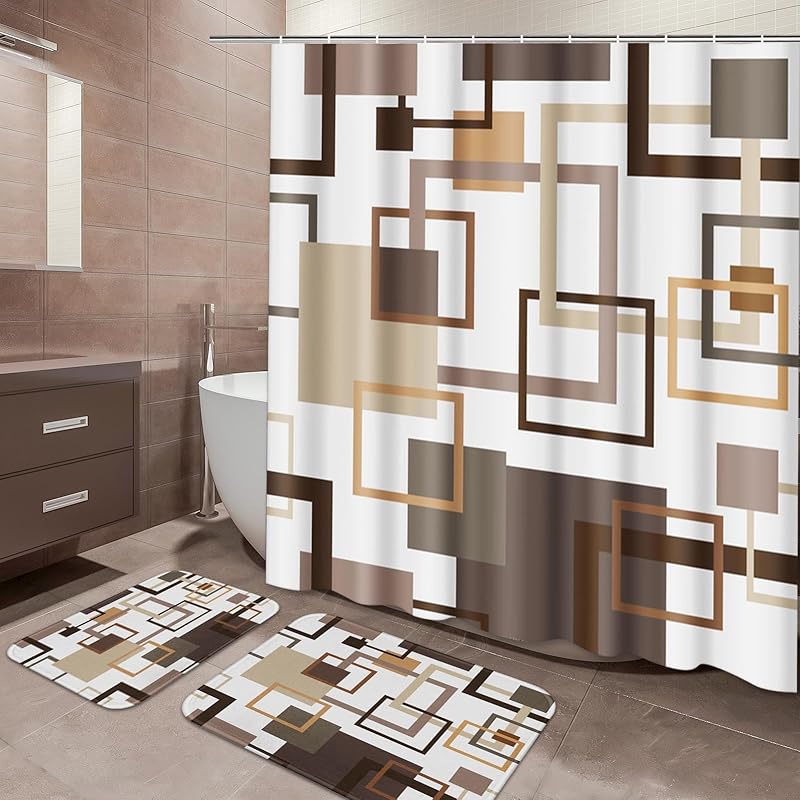 Red and Black Shower Curtain Set Geometric Bathroom Sets with Shower Curtain and Rugs, Grey and White Bathroom Shower Curtain Sets 3Pcs, Modern Red