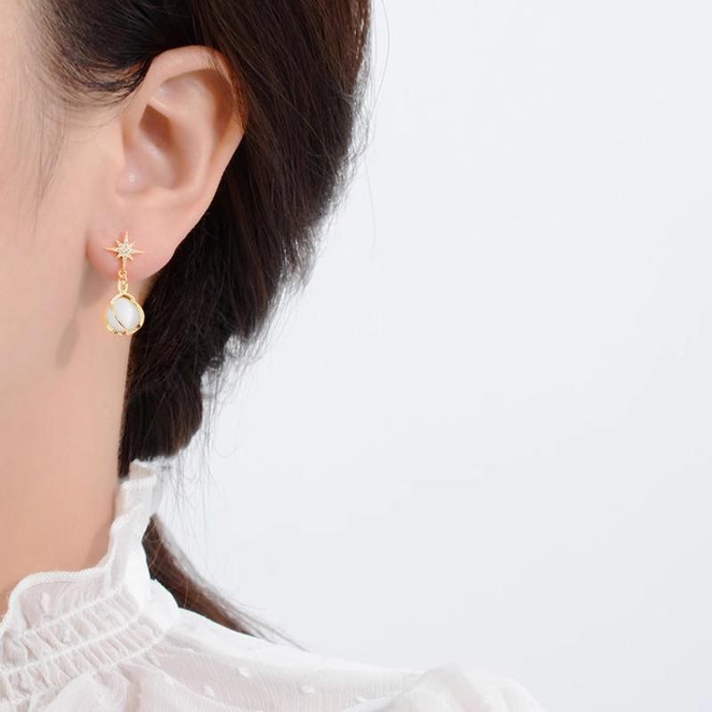 Luxury S925 Silver Needle Star Cat Eye Stone Diamond Women Earrings