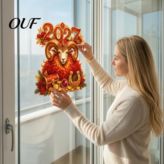 Reusable PVC Glass Films 2027 New Year Window Cling, Red And Gold Zodiac Sheep Static Decals Removable Cling Decorations for Doors, Non-adhesive