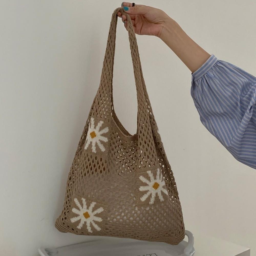 Large Capacity Beach Knitting Bag Flowers Pattern Hollow Shoulder Bag Crochet Tote Bag  Office