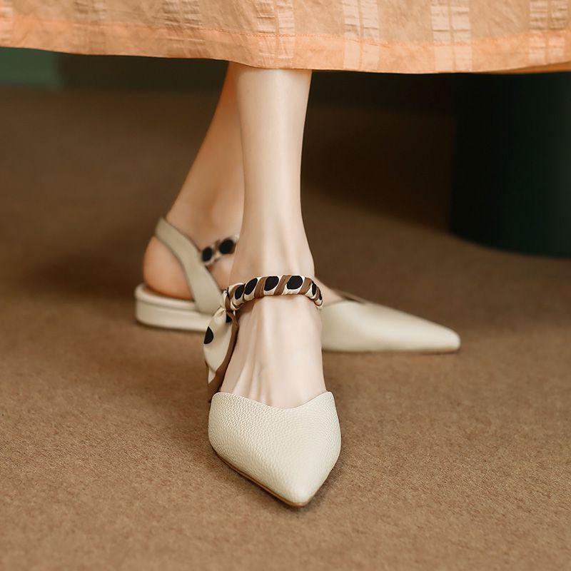 Fashion Baotou Low Heel Shoes Spring New Style Pointed Head Shallow Mouth Leather Metal Buckle Soft Soled Non-slip Sandals