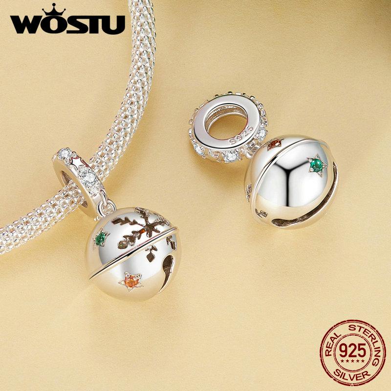 WOSTU 925 Silver Christmas Tree Car Beads Elk Snowflake Charm Snowman Puppy Cat Pendant Fit DIY Bracelet Necklace Cute Xmas Gift
