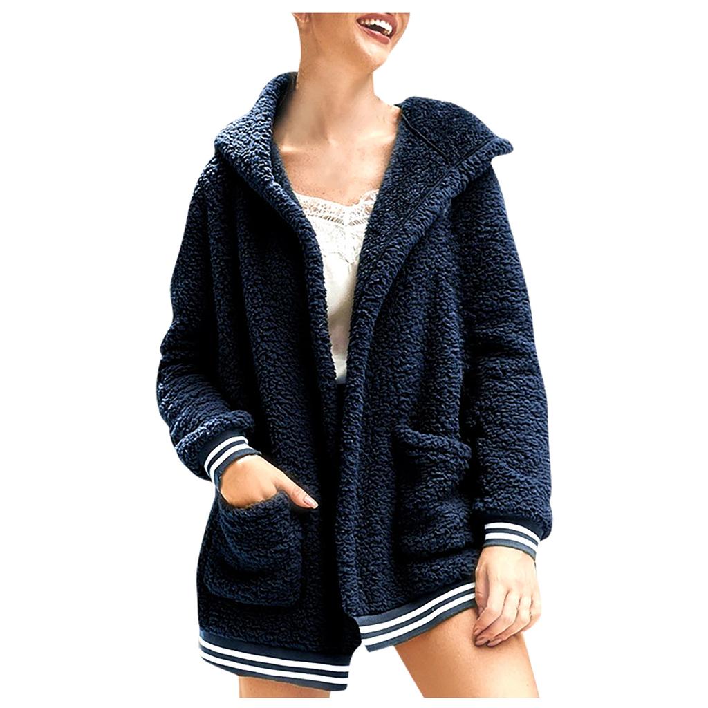 Women's  And Winter Loose Solid Color Stitching Long-Sleeved Pockets Plush Hooded Cardigan Coat