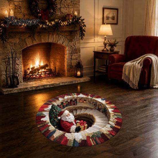 Round Christmas Area Rug Rug, 3D Optical Illusion Floor Mat with Santa Candy Cane Print, Non-Slip Stain Resistant Carpet for Living Room Bedroom
