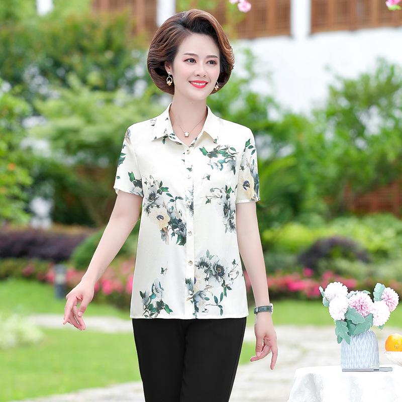 

2026 Stylish Summer Printed Lapel Top for Middle-Aged Women 2XL (Recommended 55-60 kg) грязно-белый