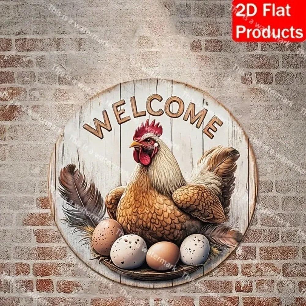 1PC 2D Graphic Country Style Welcome Sign Rooster and Egg Pattern Home Porch Indoor Display Decor