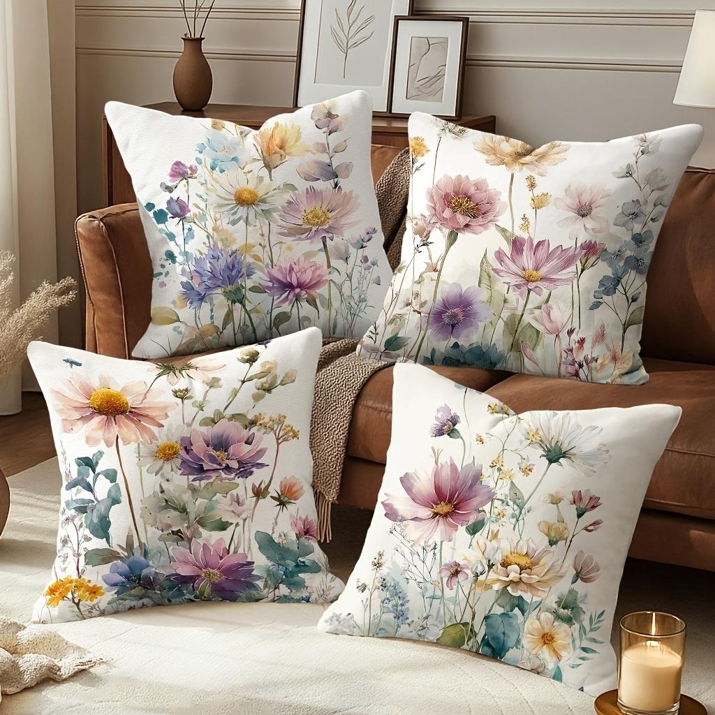 Floral Spring Summer Garden Throw Pillow Covers Pink Purple Green One Sided Decorative Pillowcase Living Room Bedroom Sofa Decor