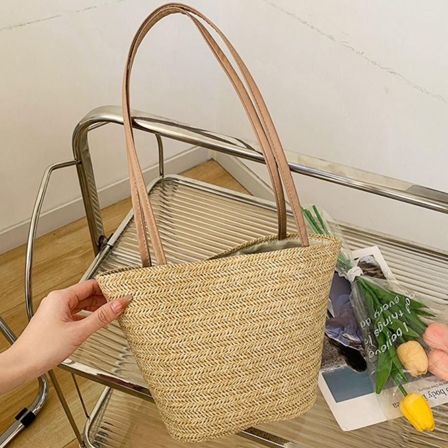 Large Capacity Straw Bucket Bag Solid Color Shoulder Bag Fashion Summer Beach Tote  Girls