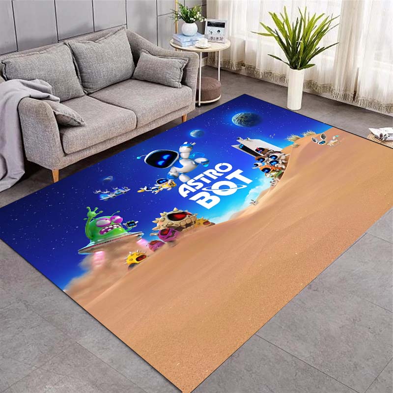 Astro Bot Game Area Rug, Desert Scene Robot Characters Print Floor Carpet for Gaming Room Living Room Bedroom Decor