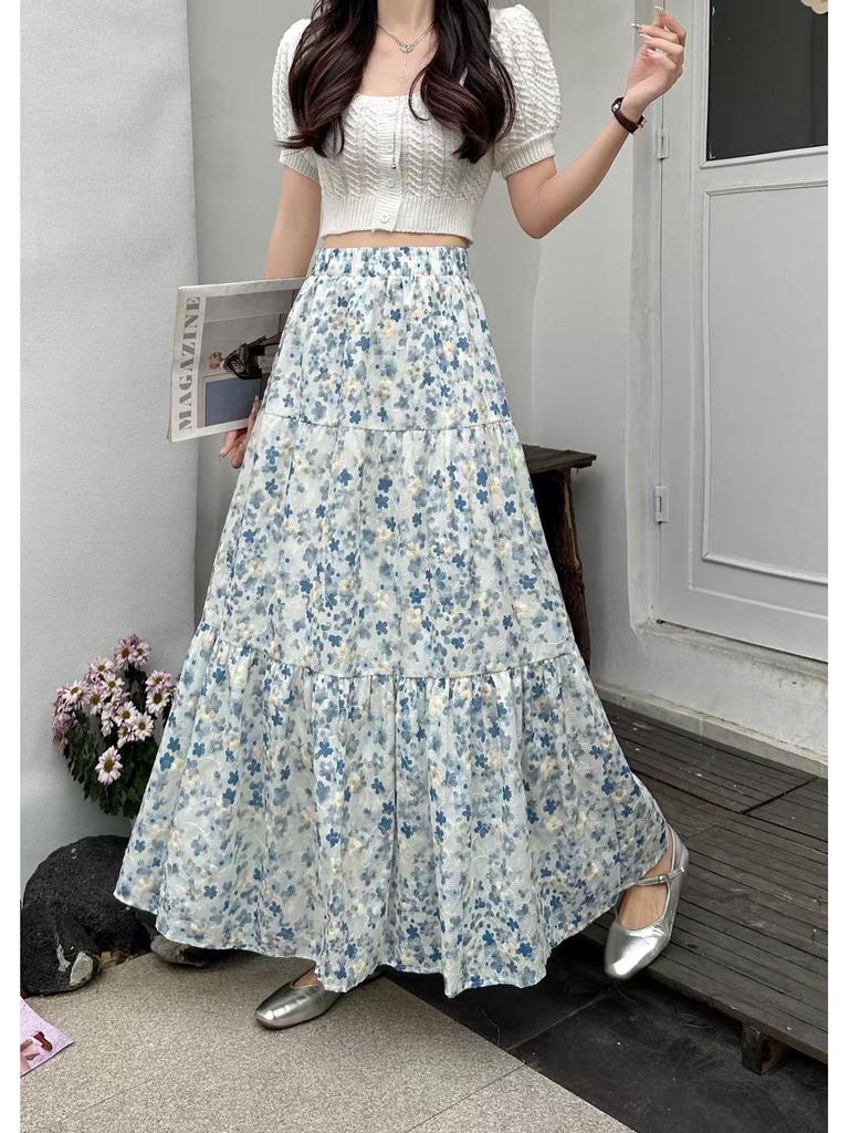 French Floral High-Waisted A-Line Skirt - Summer Fresh Mid-Length Skirt
