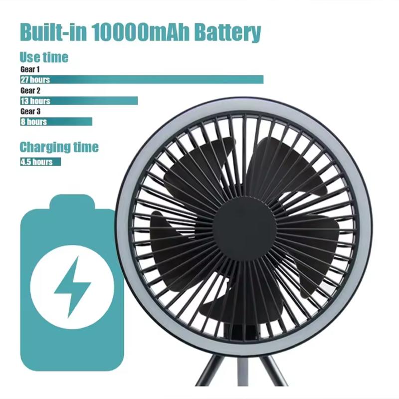 Wireless 10000mAh Rechargeable Outdoor Camping Fan Portable Office Tent Electric Ceiling Fan with External LED Lighting Battery