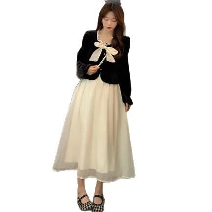 Autumn Large-size Women's Clothing New Fat Mm Fake Two-piece Velvet Dress Women's Bow Top Splicing Skirt