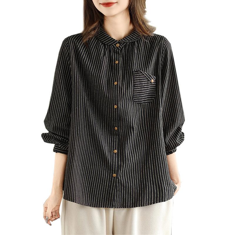 Spring Autumn Cotton Linen Blouses Artistic Plus Size Loose Slimming Striped Long Sleeved Shirt Top for Women