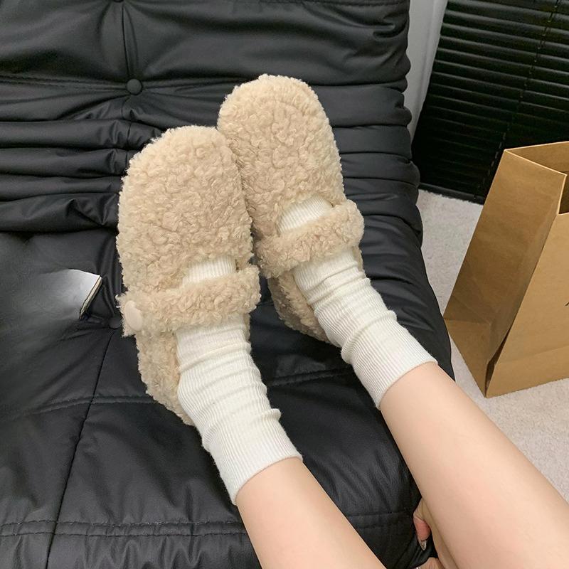 Plush Warm Flat Shoes Autumn and Winter New Round Toe One Strap Soft Sole Non-slip Cotton Shoes