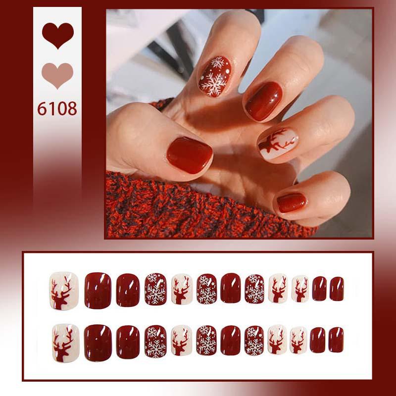 

Winter Red Reindeer & Snowflake Press-On Nails - Holiday Short Manicure Stickers Glue Version