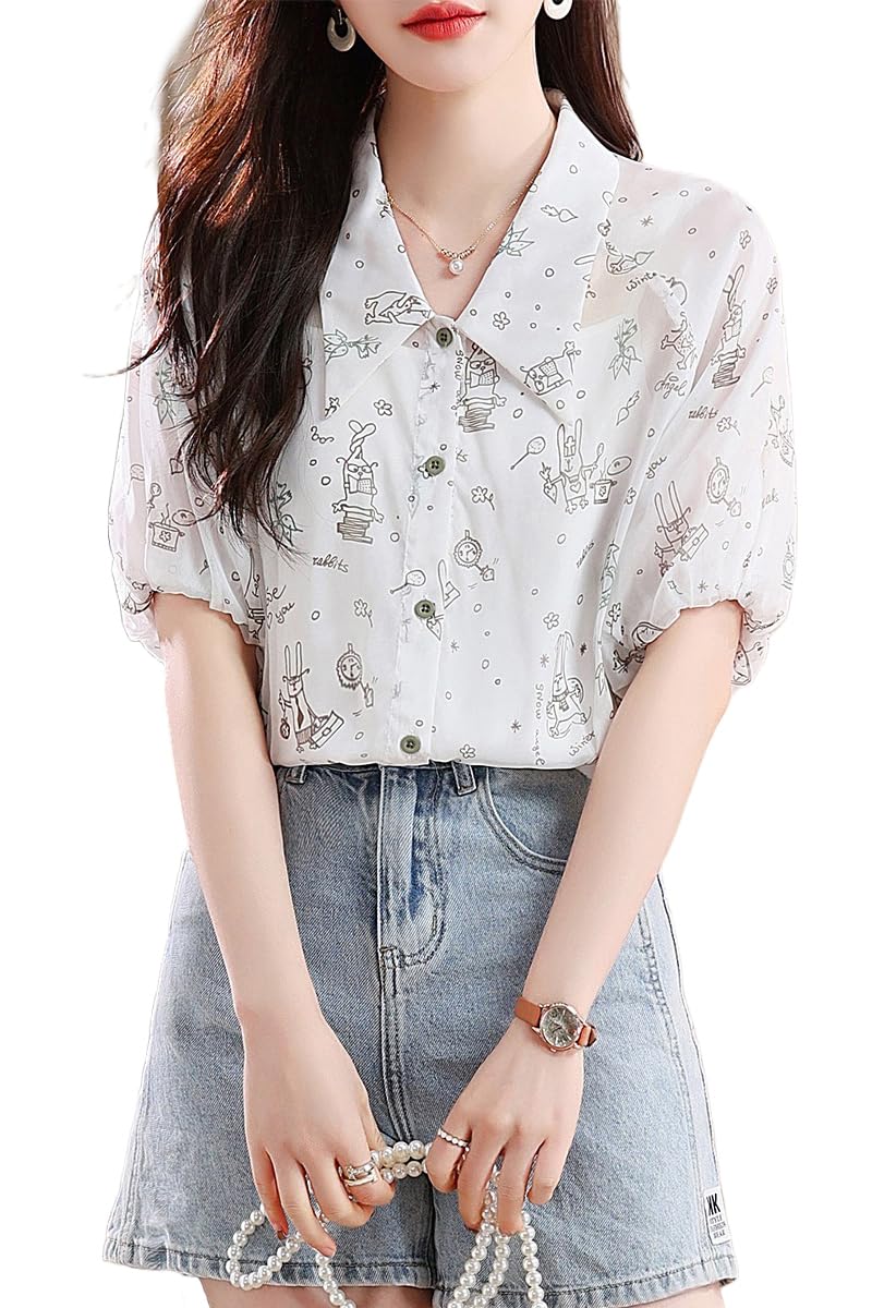 

Summer blouse for short sleeve puff loose camisole front for work [H. zroy] women, top, sleeve, turn-down collar, shirt, fit, included, buttons, белый