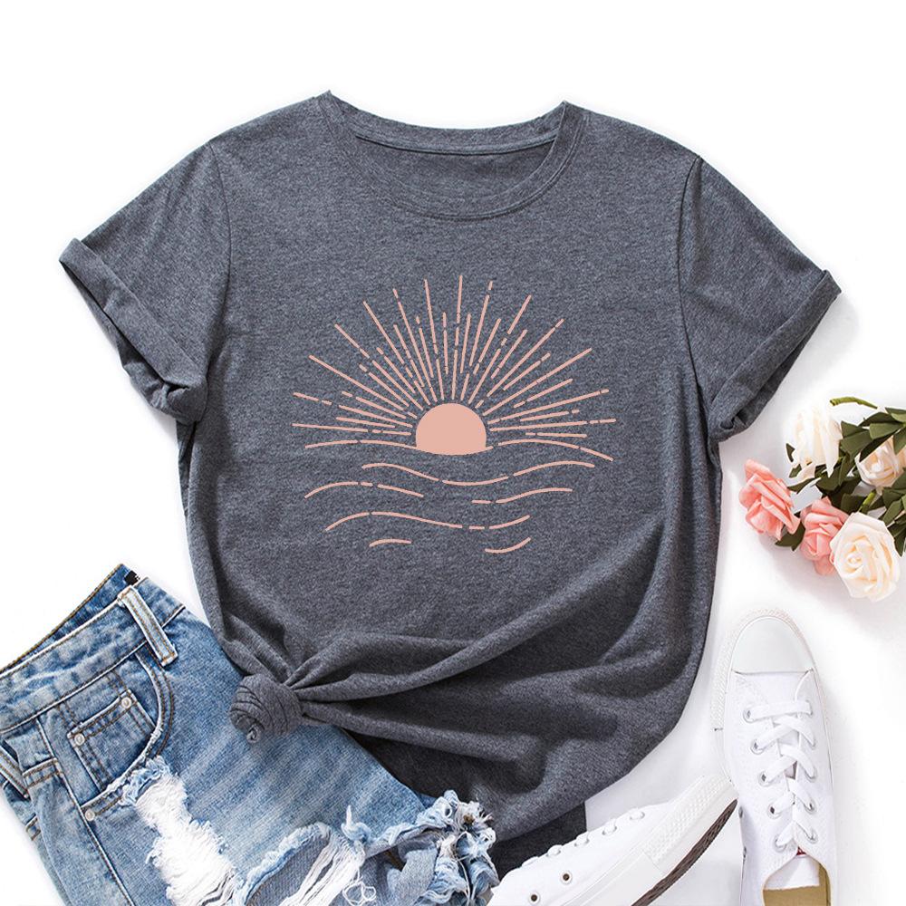 Cotton T-Shirt Short Sleeve Round Neck Women 2d Print Tops