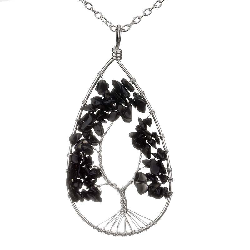 Silver Tree of Life Necklace with Seven-Color Natural Stone and Crystal Water Drop Pendant