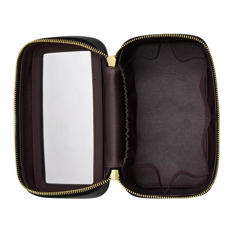 COACH Case 20 Metal Logo Zipper Closure Cross-grain Leather Cosmetic Bag Small Women's Black black