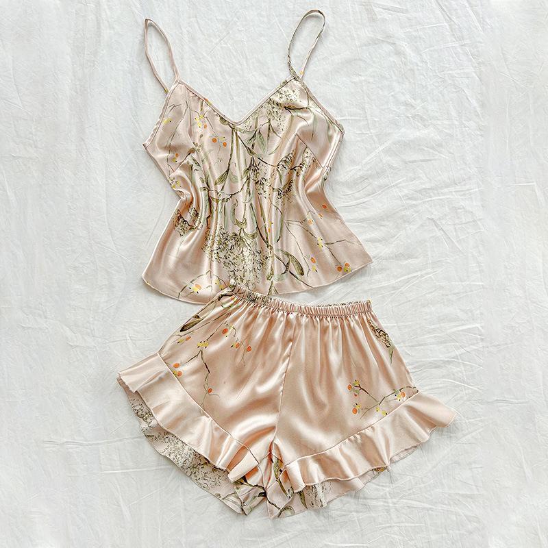 

Комплект пижамы из двух частей, тонкий, простой с принтом, для женщин, носящих топы-халтеры в течение четырех сезонов 4XL