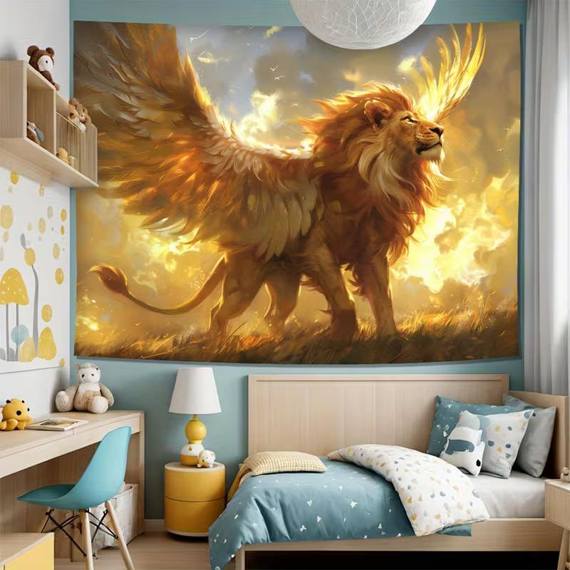 2D Fantasy Winged Golden Lion Tapestry Mythical Creature Wall Decor Cloth for Home & Bedroom