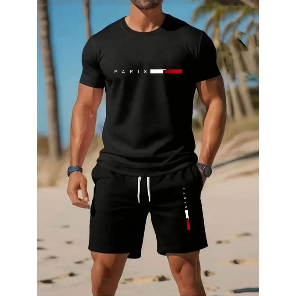 2026 Fashion Simple Solid Color Printed Set Summer Mens Street Harajuku Style Sports Gym Short Sleeve and Short Man 2 Piece Set