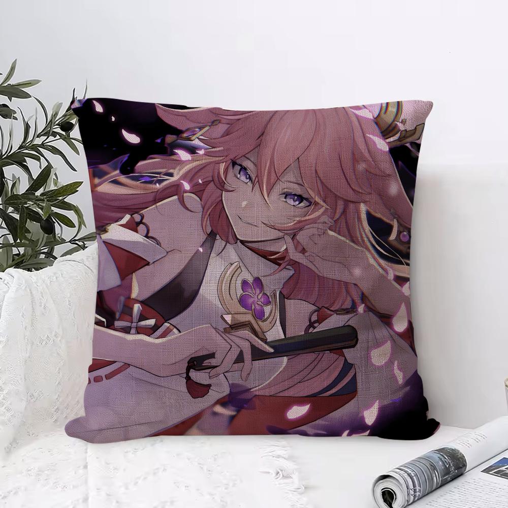 Genshin Impact Yae Miko Cushion Cover Eco Linen Pillow Case DoubleSided Print Breathable Durable Zipper Home Decor Gift