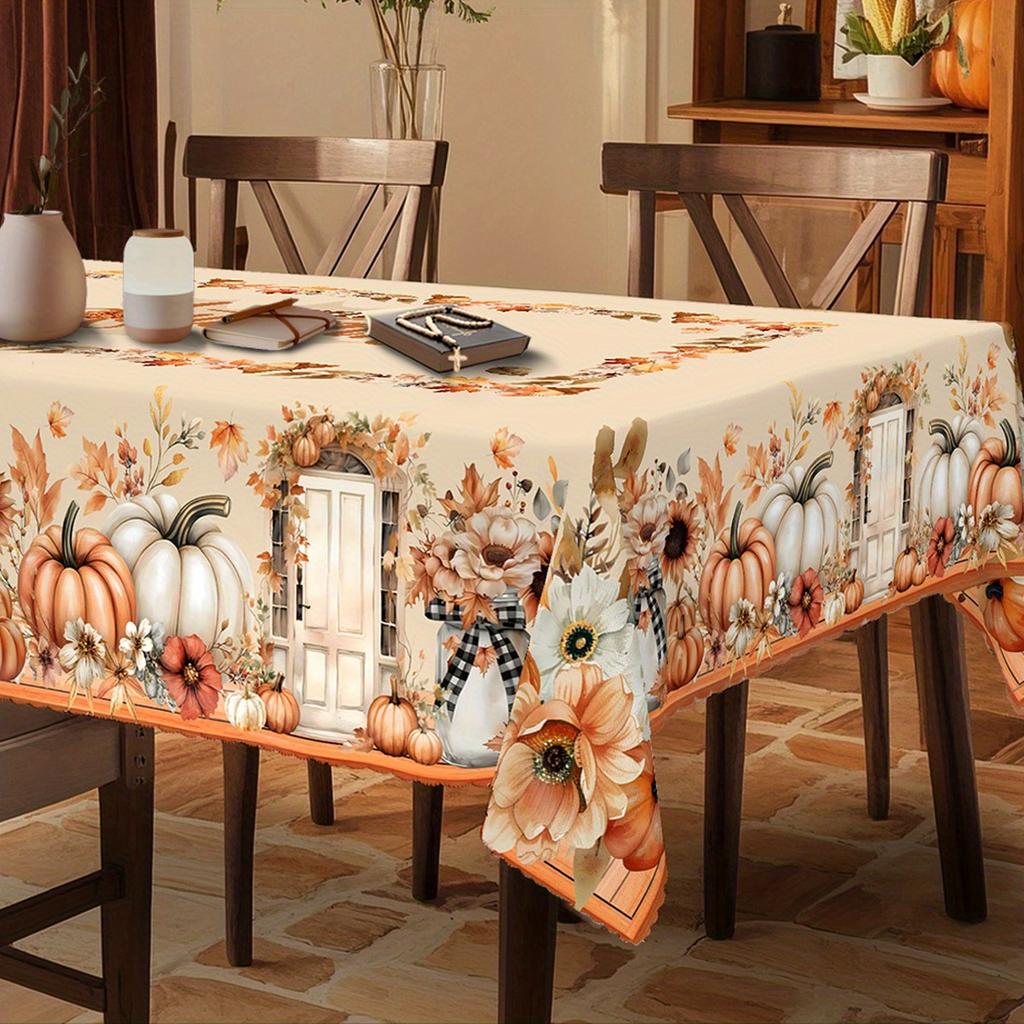 Fall Watercolor Pumpkins Floral Tablecloths Thanksgiving Decoration Autumn Sunflowers Flowers Rectangle Table Cloth Table Decor