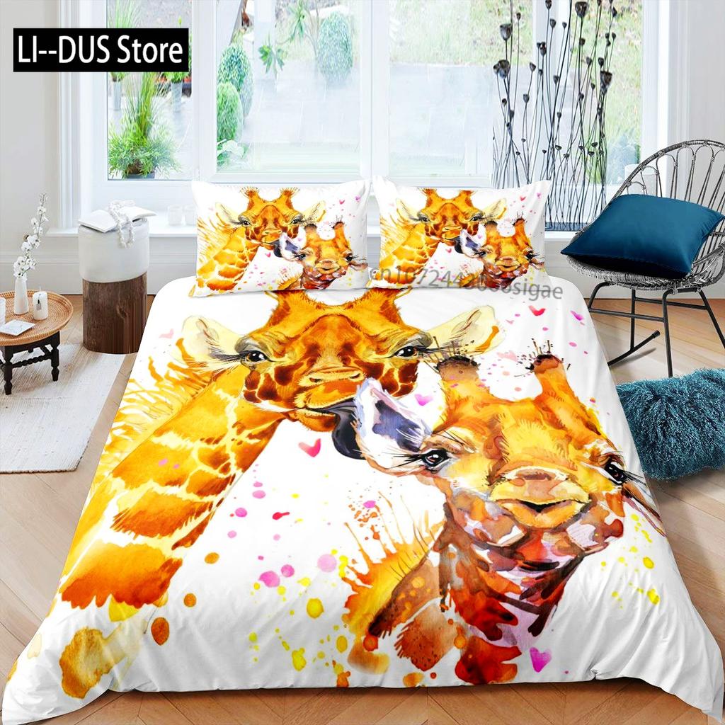 Giraffe Duvet Cover Queen,Tropical Wild Animal Comforter Cover 3pcs, Soft Bedding Set,Romantic Giraffe Bedroom Decor Quilt Cover