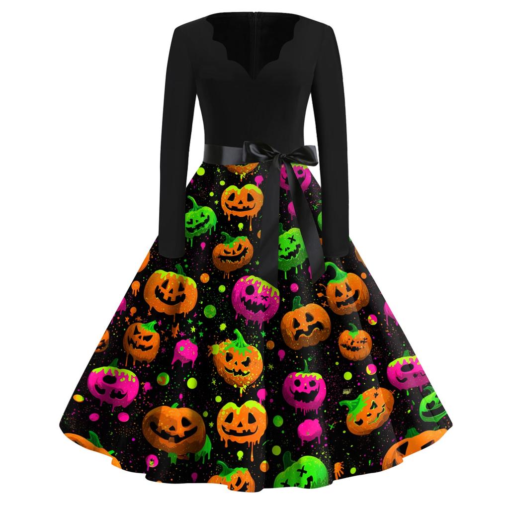 Women Casual Vintage Dress V Neck Long Sleeve Floral Print Retro Swing Dress with Waist Tie for Halloween