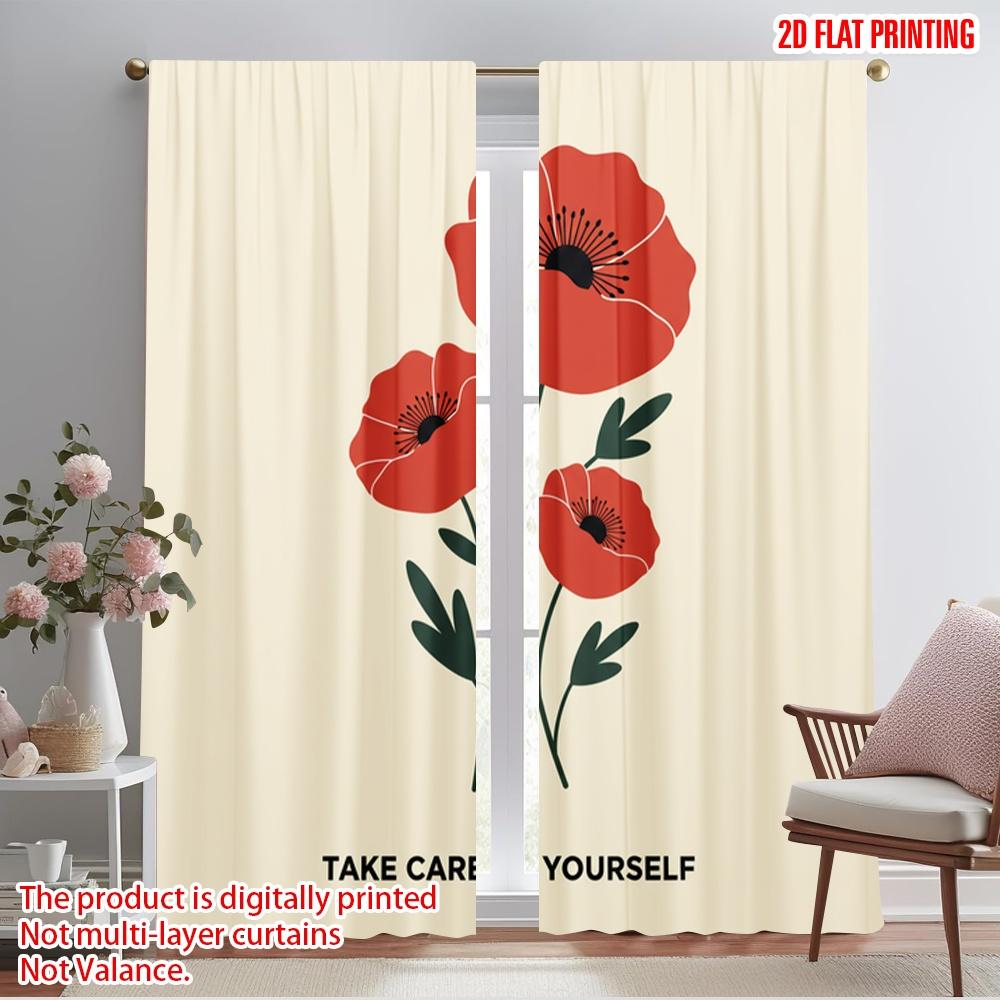 

2pcs 2D flat printing Window Curtains Poppy flowers take care yourself 100% Polyester Fabric Without Electricity Festive Wall 52.50×116.00 CM 2pcs