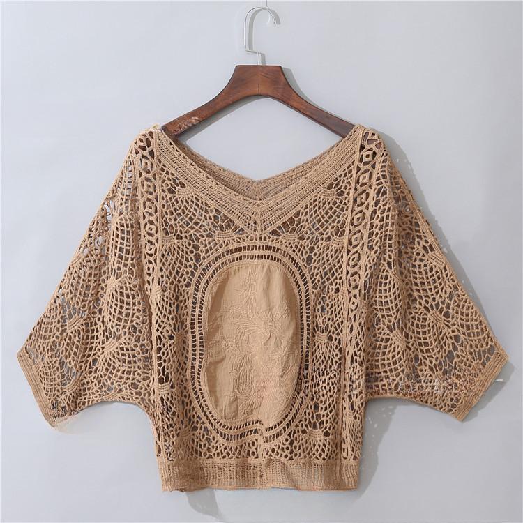 

Вышивка/Вышивка, трикотажная ажурная рубашка, летнее платье, новая женская одежда, корейская версия, V-образный вырез, цепочка, короткий рукав, блузка, трикотажный свитер, модный One size темно-коричневого