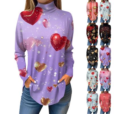 Women's Fashion Casual Loose Turtleneck Valentine's Day Love Print T-shirt Top
