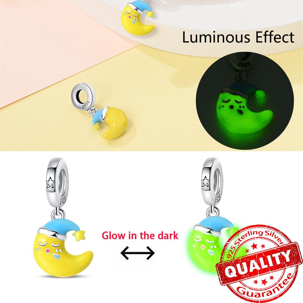 Cute copper Color Glowing Moon & Star Dangle Charm Fits Original Bracelet Women Summer Ocean Beads For Gold Zircon Gift