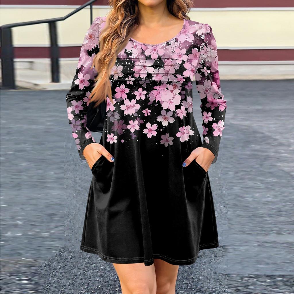 Damen Langarmkleid Herbst Freizeit T-Shirt Lockere Passform Plissiertes Vorderteil Kleider mit Taschen