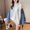 Women's Hooded Long Sleeve Oversized Casual Top Color Block Denim Splicing Letter Print Loose Fashion Hoodie Blouse