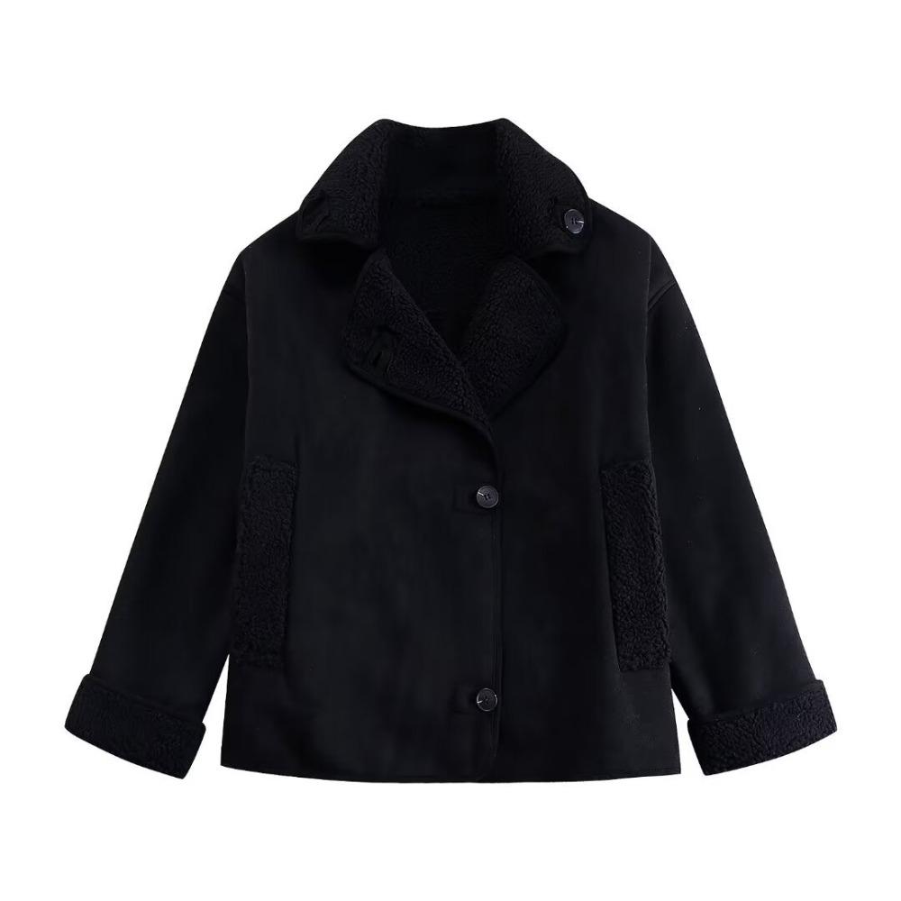 

Autumn and Winter Women s Commuting Loose Wool One-piece Suede Plus Velvet Warm Lapel Long-sleeved Jacket L