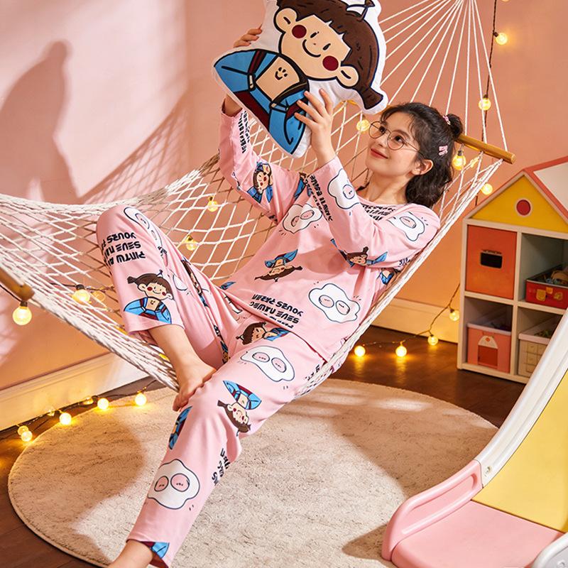 Spring and Autumn women's cartoon pajamas, pink girl cat print long-sleeved suit, loose loungewear