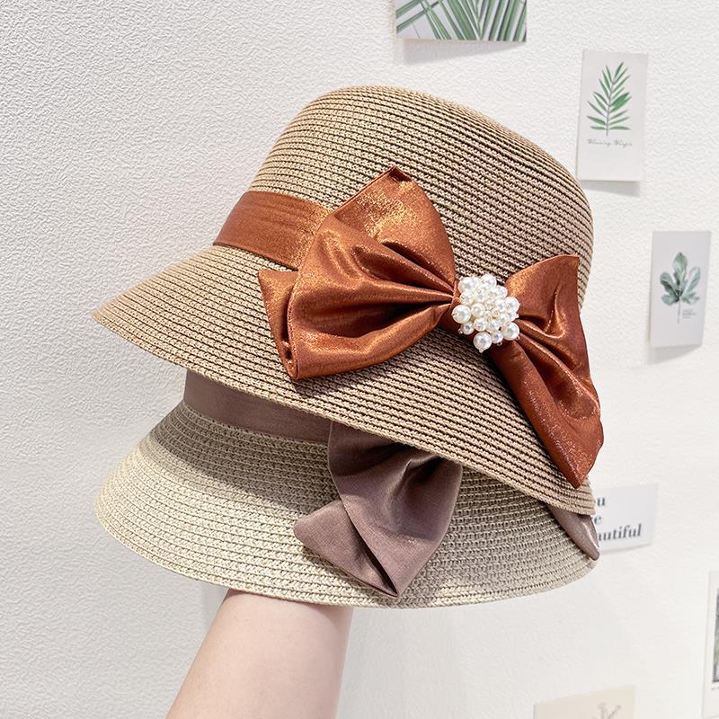 Ladies Straw Hat Women's Summer Elegant Retro Top Hat Sunshade Sun Hat Fashion Bow Bucket Hat