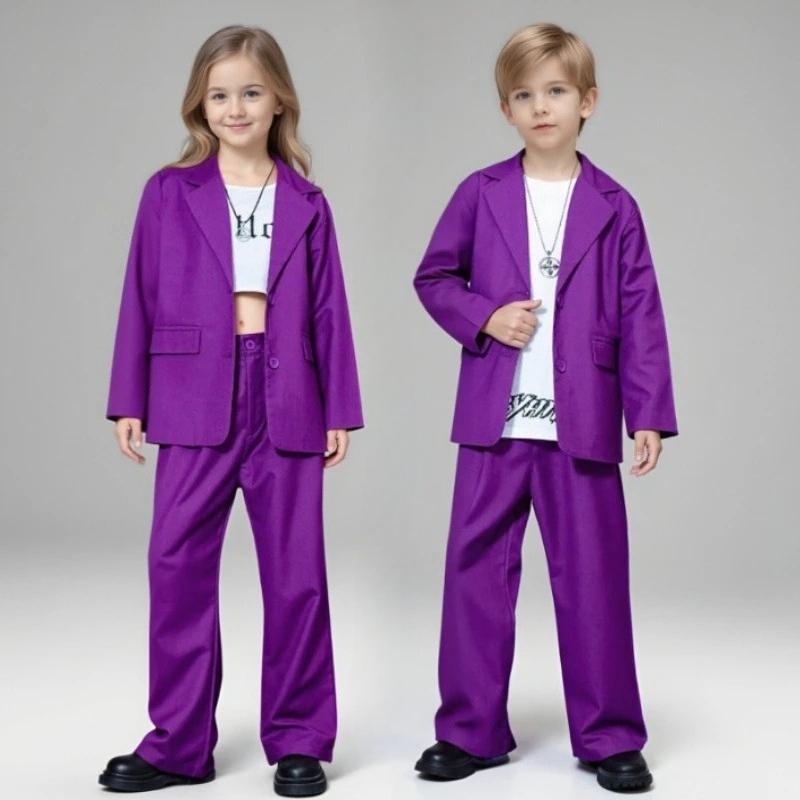 Kids Purple Blazer Suit Set Girls 2Pcs Oversized Blazer & Wide Leg Pants Streetwear Hip Hop Dance Performance Outfit for Stage Show Party