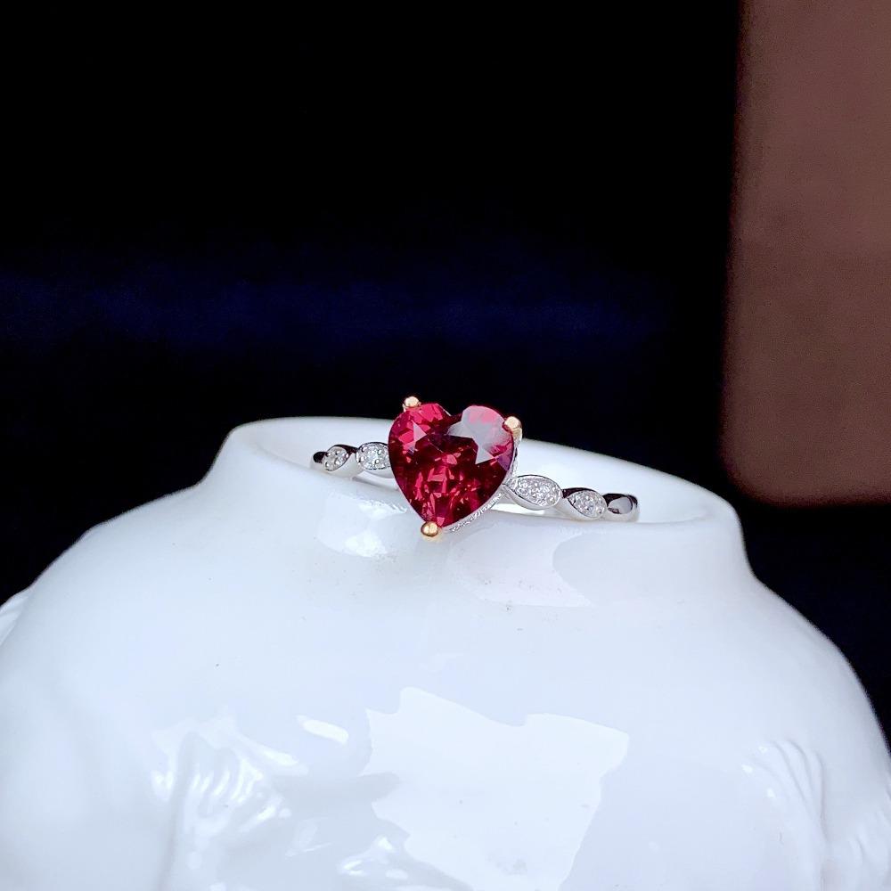 Open Ring Simple Rose Red Heart Shape Ring with Micro Inlaid Zircon and Pigeon Blood Red Gemstone