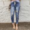Autumn New Denim Trousers Women's Fashion Leopard Print Printed Holes Elastic Waist Denim Trousers
