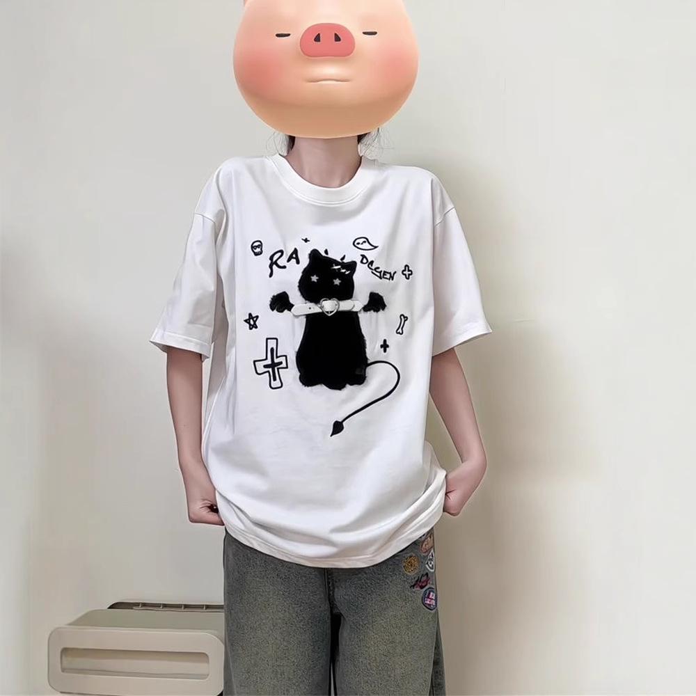 2025 Summer Girlish Kitten Print Loose Cotton Short Sleeve Women's T-shirt
