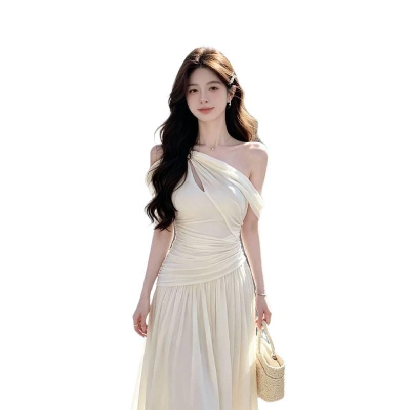 Korean gentle style, one word shoulder waist slim suspender long dress temperament dress summer