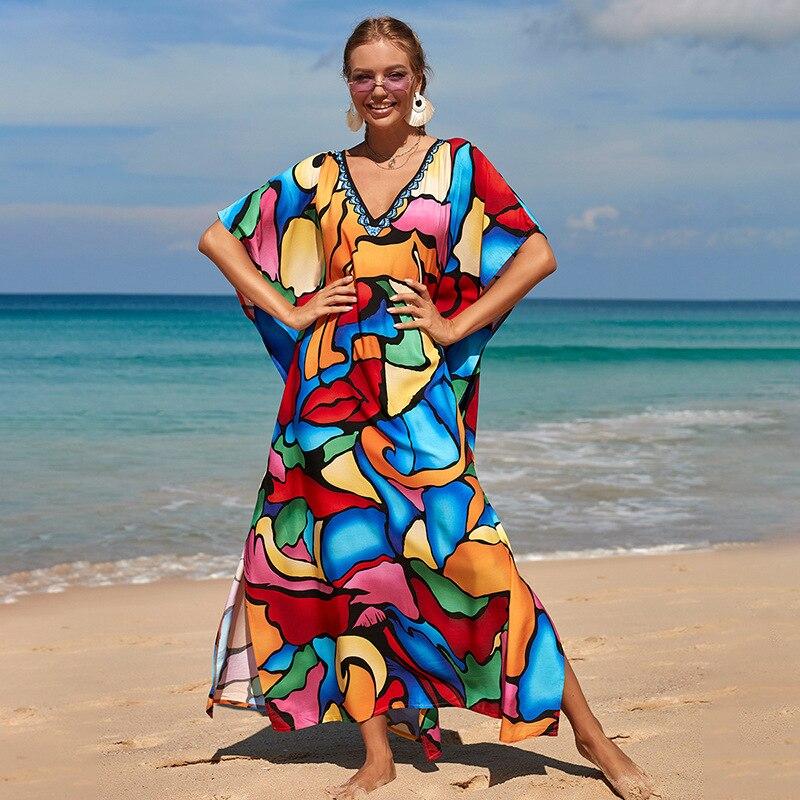 Kaftan Beach Dress Rayon Women Boho Colorful Printed Plus Size Maxi Summer Bathing Suit Cover Up